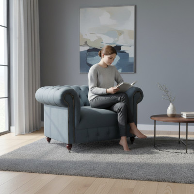 Chesterfield Gray Fabric Armchair Living Room Textile Single Seater Noble Armchair
