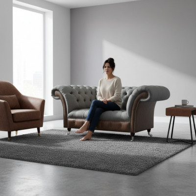 Living Room Grey-Brown Chesterfield 2-Seater Fabric Sofas Luxury Furniture