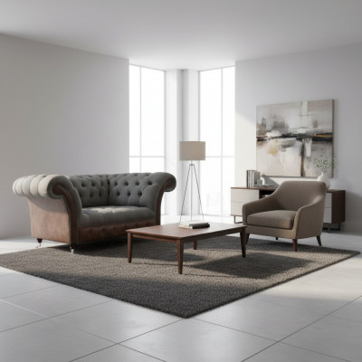 Living Room Grey-Brown Chesterfield 2-Seater Fabric Sofas Luxury Furniture