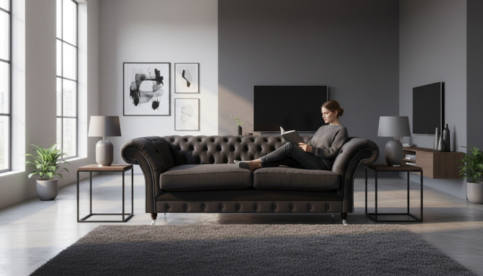 Luxurious Chesterfield Black Two-Seater Living Room Sofa Couch
