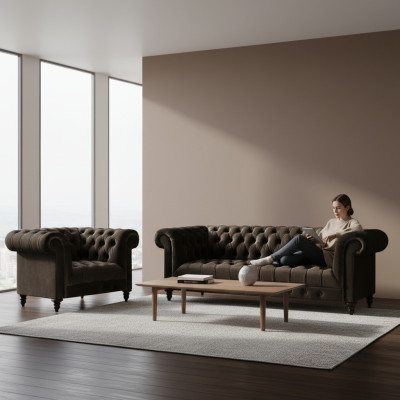 Brown Chesterfield Upholstery Set Designer 3-Seater Textile Armchair 2-piece