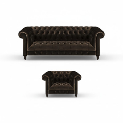 Brown Chesterfield Upholstery Set Designer 3-Seater Textile Armchair 2-piece