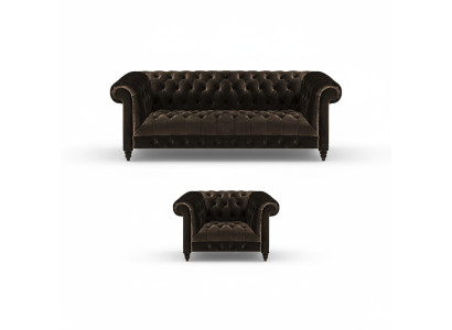 Brown Chesterfield Upholstery Set Designer 3-Seater Textile Armchair 2-piece