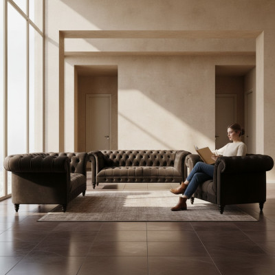 Stylish Chesterfield Brown Sofa Set Living Room Modern Couches