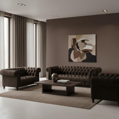 Stylish Chesterfield Brown Sofa Set Living Room Modern Couches