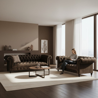 Brown Chesterfield seating furniture living room 2-seater luxury three-seater 2-piece