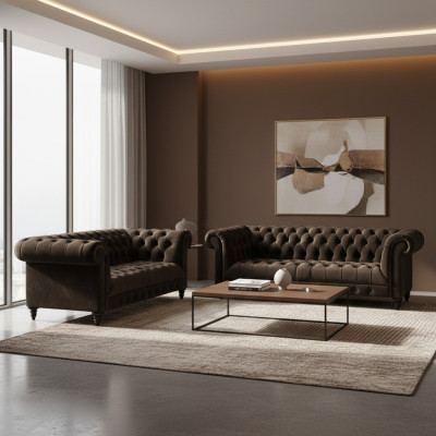 Brown Chesterfield seating furniture living room 2-seater luxury three-seater 2-piece