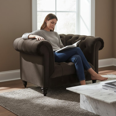 Brown Chesterfield Upholstered Armchair Modern Textile Living Room Single Seater