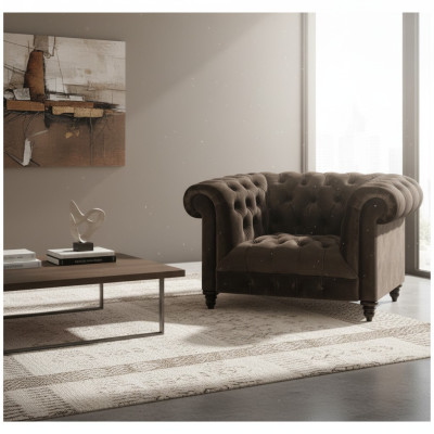 Brown Chesterfield Upholstered Armchair Modern Textile Living Room Single Seater