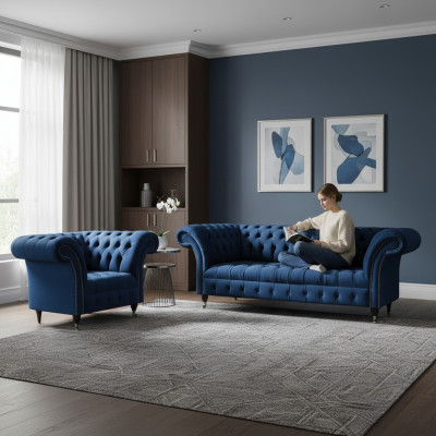 Blue Chesterfield Suite Designer Three-Seater Fabric Armchair 2-Piece Furniture