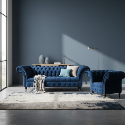 Blue Chesterfield Suite Designer Three-Seater Fabric Armchair 2-Piece Furniture