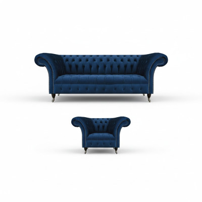 Blue Chesterfield Suite Designer Three-Seater Fabric Armchair 2-Piece Furniture