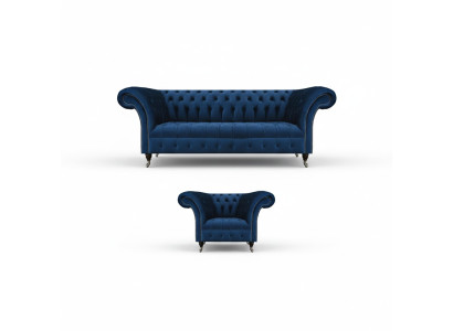 Blue Chesterfield Suite Designer Three-Seater Fabric Armchair 2-Piece Furniture