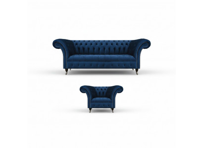 Blue Chesterfield Suite Designer Three-Seater Fabric Armchair 2-Piece Furniture