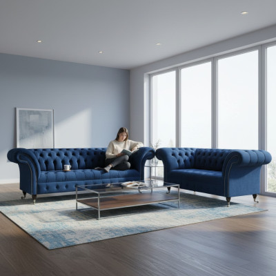 Noble Chesterfield Sofa Set Designer Blue Three-Seater Upholstery 2-Seater