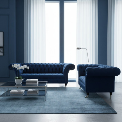 Noble Chesterfield Sofa Set Designer Blue Three-Seater Upholstery 2-Seater