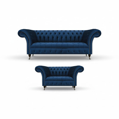 Noble Chesterfield Sofa Set Designer Blue Three-Seater Upholstery 2-Seater
