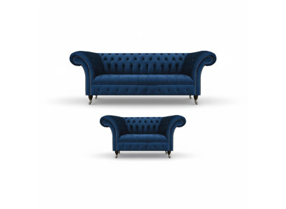 Noble Chesterfield Sofa Set Designer Blue Three-Seater Upholstery 2-Seater