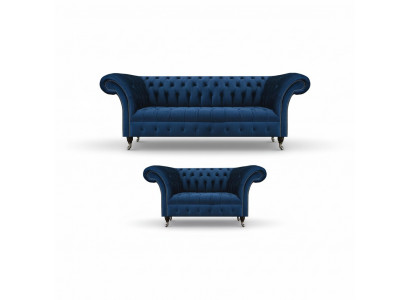 Noble Chesterfield Sofa Set Designer Blue Three-Seater Upholstery 2-Seater