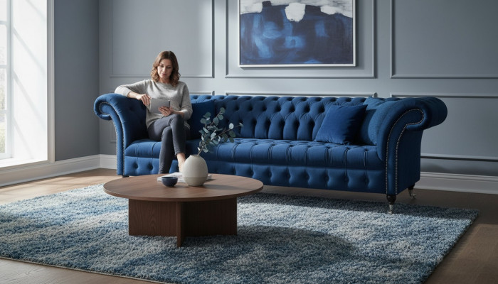 Blue Chesterfield Upholstered Furniture Designer Textile Sofa Modern Fabric Sofa