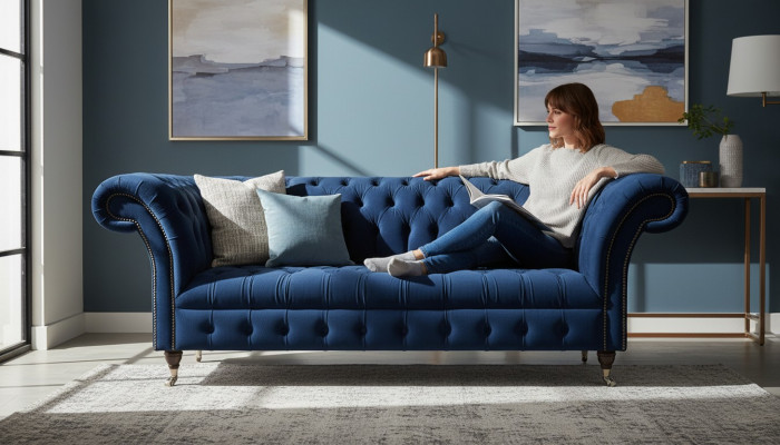 Dark blue Chesterfield living room couch, designer three-seater furniture