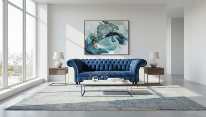 Dark blue Chesterfield living room couch, designer three-seater furniture
