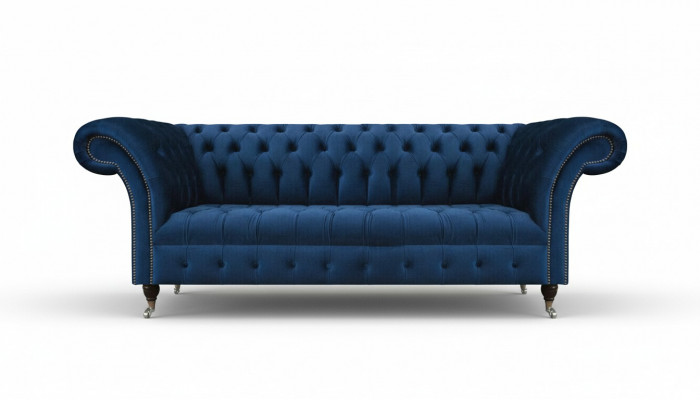Dark blue Chesterfield living room couch, designer three-seater furniture