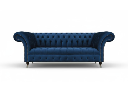 Dark blue Chesterfield living room couch, designer three-seater furniture