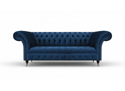 Dark blue Chesterfield living room couch, designer three-seater furniture