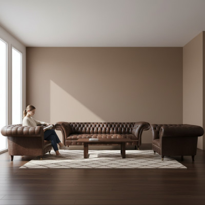 Living Room Brown Chesterfield Leather Suite Designer Seating 3-piece Set
