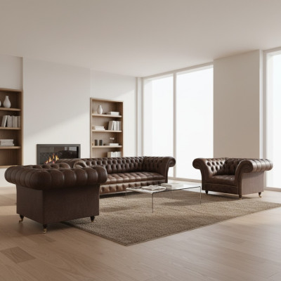 Living Room Brown Chesterfield Leather Suite Designer Seating 3-piece Set
