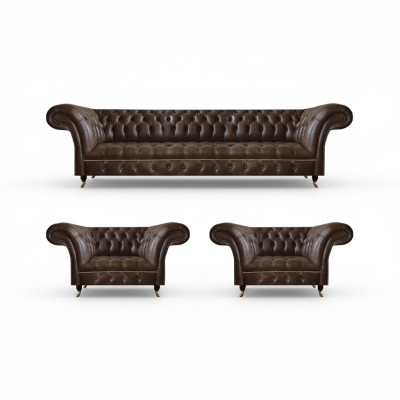 Living Room Brown Chesterfield Leather Suite Designer Seating 3-piece Set
