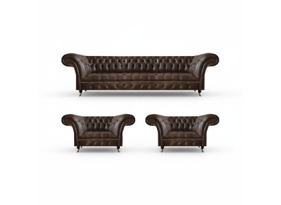 Living Room Brown Chesterfield Leather Suite Designer Seating 3-piece Set