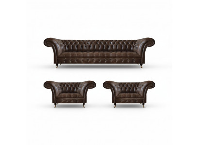 Living Room Brown Chesterfield Leather Suite Designer Seating 3-piece Set