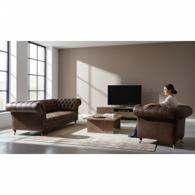 Brown Chesterfield Faux Leather Suite Living Room Three-Seater Two-Seater