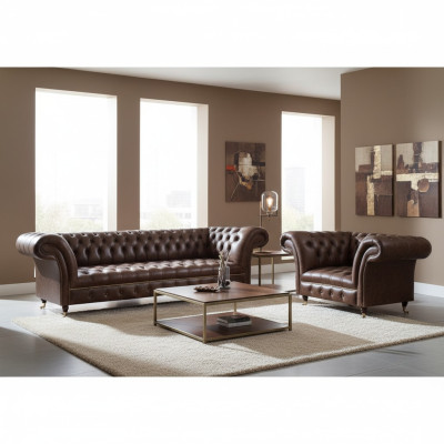 Brown Chesterfield Faux Leather Suite Living Room Three-Seater Two-Seater