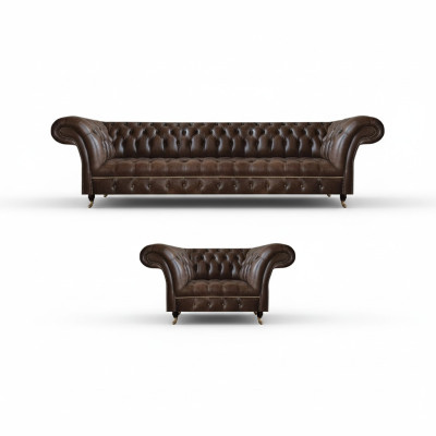 Brown Chesterfield Faux Leather Suite Living Room Three-Seater Two-Seater