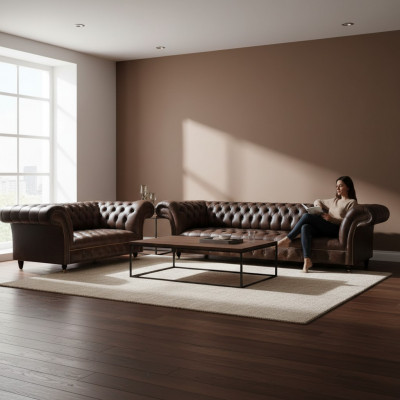 Brown Chesterfield Faux Leather Sofa Designer Living Room Sectionals 2-piece