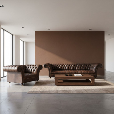Brown Chesterfield Faux Leather Sofa Designer Living Room Sectionals 2-piece