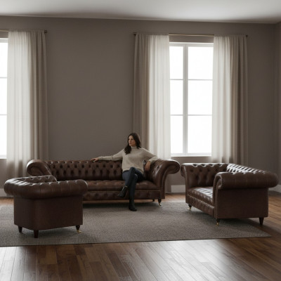 Brown Chesterfield leather suite living room 4-seater two-seater armchair
