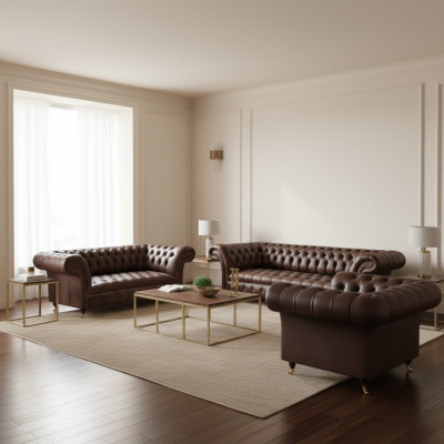 Brown Chesterfield leather suite living room 4-seater two-seater armchair