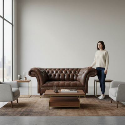Brown Chesterfield Leather Two-Seater Modern Living Room Designer Furniture