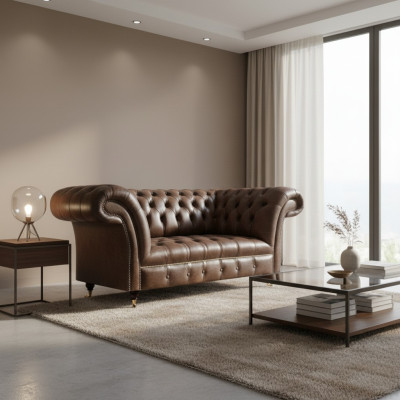 Brown Chesterfield Leather Two-Seater Modern Living Room Designer Furniture