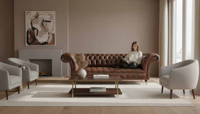 Brown Chesterfield leather sofa living room couches designer robust furniture