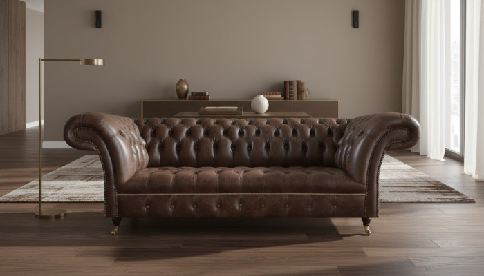 Brown Chesterfield leather sofa living room couches designer robust furniture