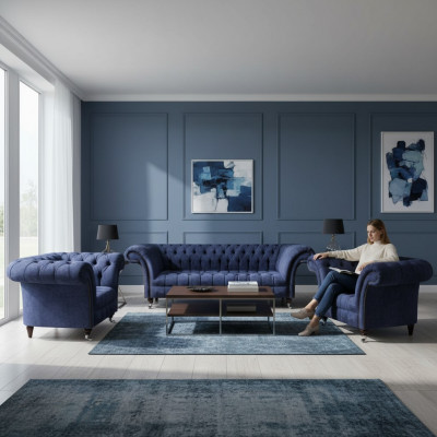 Stylish Blue Chesterfield Furniture Luxurious Sofa Set Textile Set