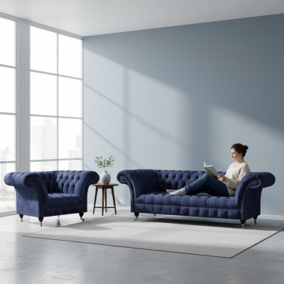 Blue Chesterfield Fabric Living Room Upholstered Seating Furniture 2-Piece Set