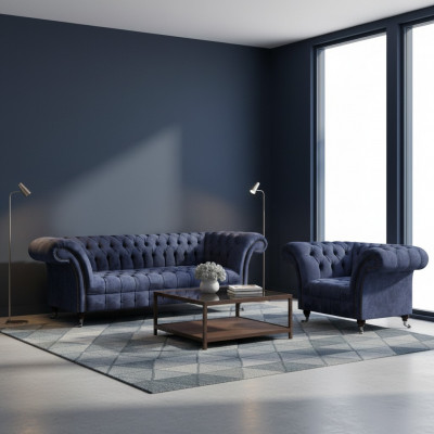 Blue Chesterfield Fabric Living Room Upholstered Seating Furniture 2-Piece Set
