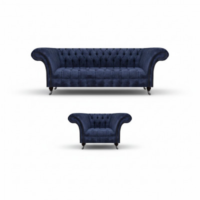 Blue Chesterfield Fabric Living Room Upholstered Seating Furniture 2-Piece Set