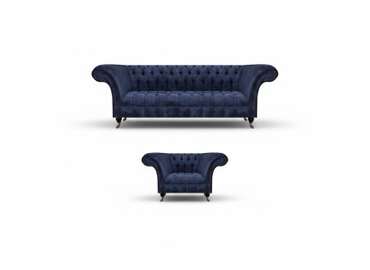 Blue Chesterfield Fabric Living Room Upholstered Seating Furniture 2-Piece Set